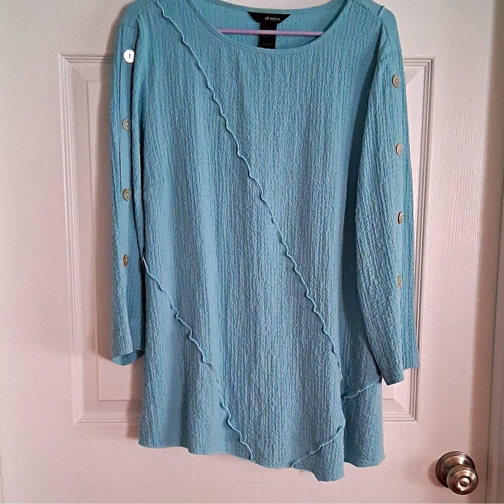 ali miles Women's Blue Textured Knit Round Neck Button Tunic Blouse Sz L